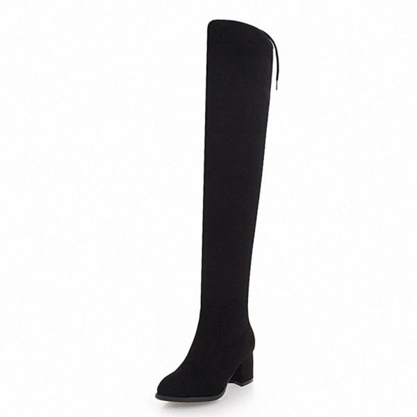 

kalenmos over the knee boots women block heel flock autumn winter boots slip on bow long ladies fashion shoes size 33 43 shoes for wom t9yj#, Black