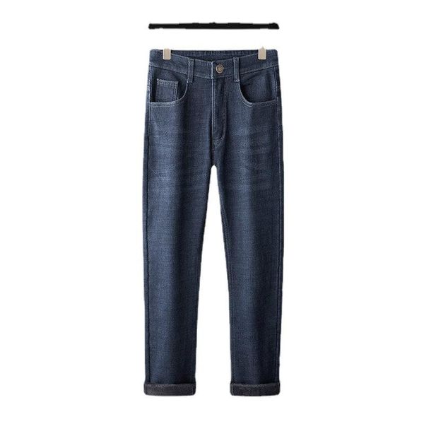 

men's jeans pants autumn and winter casual loose straight stretch plus velvet, Blue