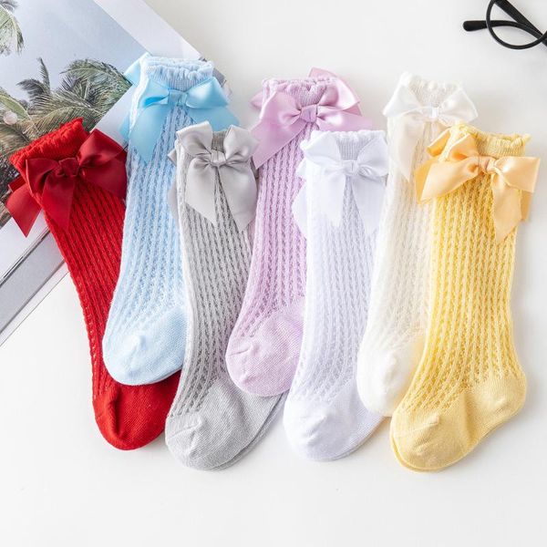 

summer baby socks knee high kids stockings for girls infant 2021 bow hollow breathable toddler girl 6m 6 years, Pink;yellow