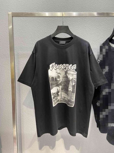 

high version trendy 21ss new short sleeve t-shirt venice castle printed letters loose trendy lovers, White;black
