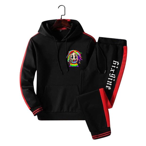 

men's hoodies & sweatshirts men autumn winter sportswear two piece set rapper 6ix9ine gooba pant rainbow hip hop street loose couple tr, Black