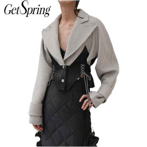 

getspring women woolen coat bandage color matching vintage wool asymmetry patchwork short winter 210601, Black