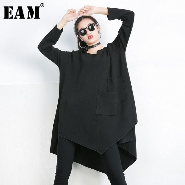 

[eam] 2021 new spring autumn black round neck long sleeve big size irregular splicing pocket t-shirt women fashion tide 1c019 210310, White