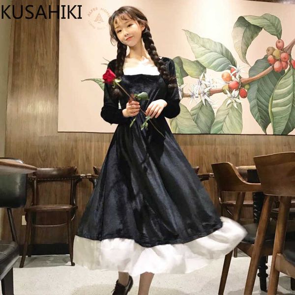 

kusahiki women dress korean sweet elegant hit color a-line vestidos femme long sleeve o-neck dresses spring 6f168 210602, Black;gray
