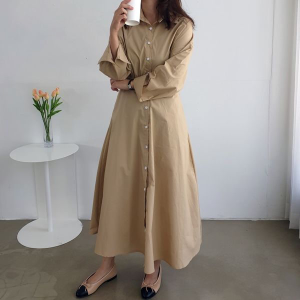 

korean chick fashions women's shirt single-breasted lady in the elegant office basic work wear solid vintage dress dwfb, White