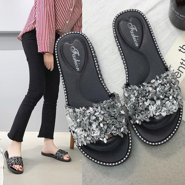 

slippers fashionable sweet korean-style flat heel anti-slip wear-resistant line-styled pvc leaves women's amoy supply of goods, Black