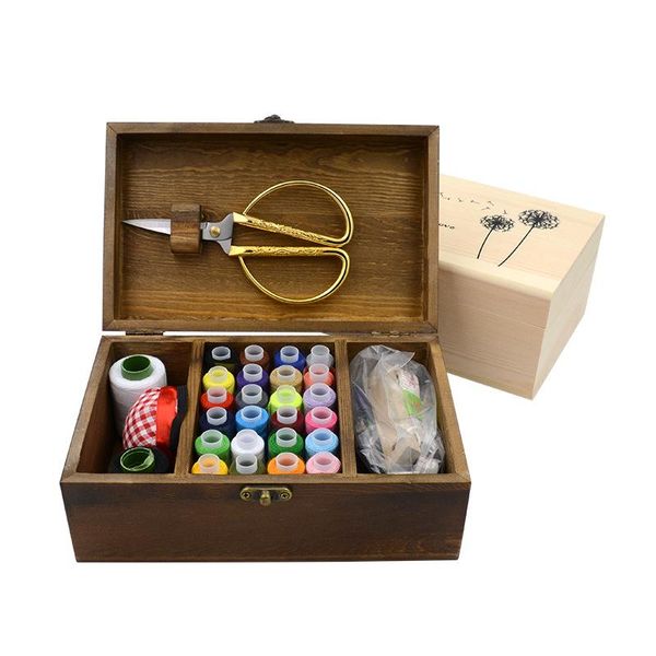 

natural wood multi-function sewing kit box household hand sewing box kit set cross-stitch needlebox diy hometools, Black