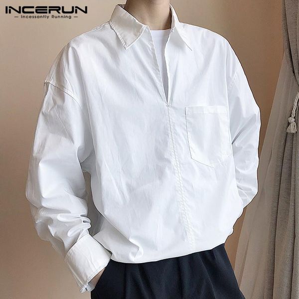 

incerun long sleeve turn down collar camisa men leisure solid color shirts man loose dress shirt casual korean style blouse 5xl, White;black