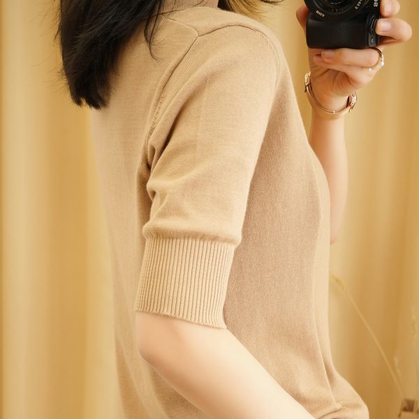 

summer new short-sleeved woman doll collar pullover vest slim fashion knitted bottoming t-shirt short sleeve large size 210306, White