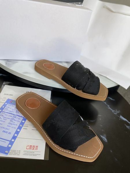 

fashion luxury womens designer slippers letter cotton fabric sandals summer beach flat flip flop shoes size 35-42, Black