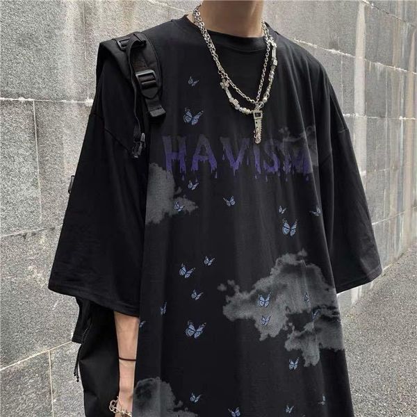 

men's t-shirts butterfly printed t-shirt men women summer hip-hop streetwear loose short-sleeved couples korean fashion trendy o-neck, White;black