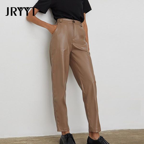 

jryyt autumn winter high waist fleece pu leather pants women pockets casual pencil pants women zipper-up leather trousers female, Black;white