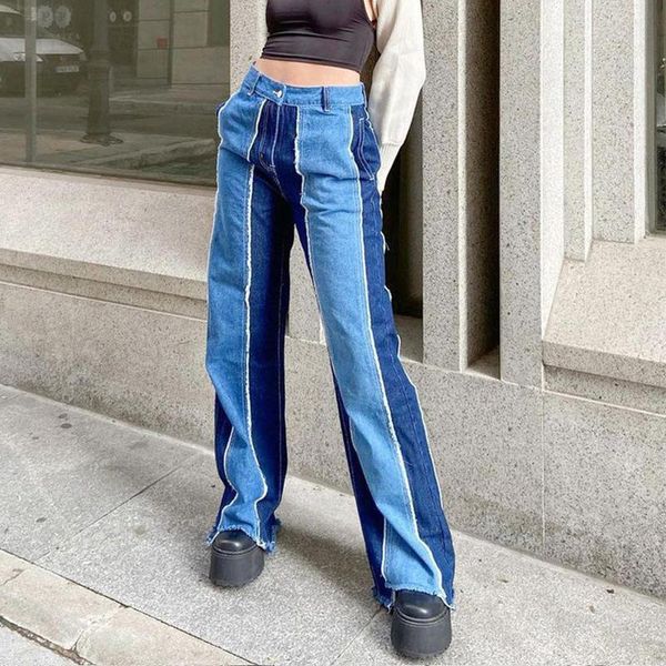 

women's jeans casual retro patchwork fringed straight overalls mom y2k trousers streetwear blue 90s boyfriend