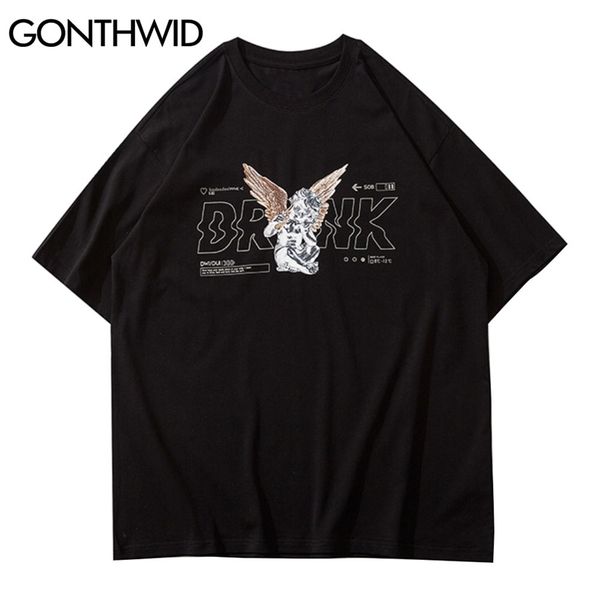 

t-shirts streetwear hip hop men angel statue print short sleeve cotton tshirts harajuku casual loose summer tees 210602, White;black