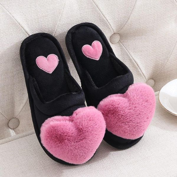 

fashion slippers ladies plush flat with non-slip woman slipper 2021 comfortable cute indoor warm winter love heart cotton flock, Black