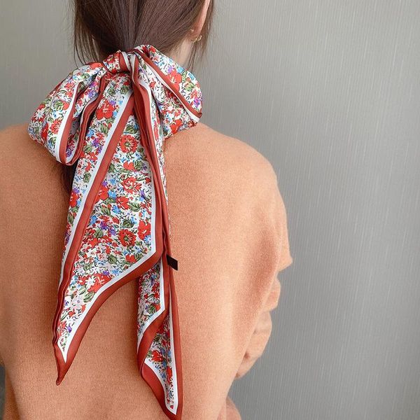 

scarves fashion long silk neck scarf collar tie women foulard bag ribbon floral print elegant hairband headband kerchief gifts, Blue;gray
