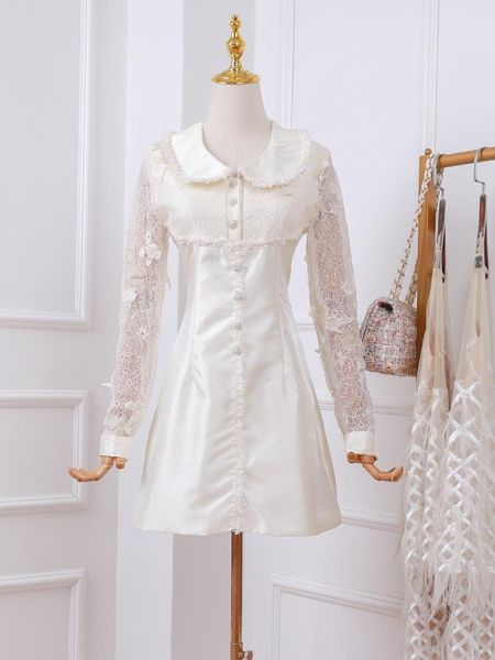 

casual dresses 2021 retro doll collar diamond stitching hollow lace waist dress women 1018, Black;gray