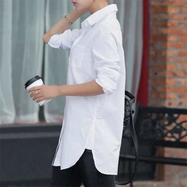 Camicetta bianca da donna Camicetta oversize a maniche lunghe stile fidanzato femminile Camicia oversize con colletto alla moda Camicie allentate casuali T200319