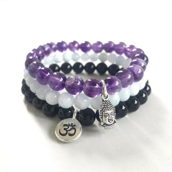 

tennis natural healing crystal bracelet aquamarine a-methyst black onyx om buddha charm stretch for women men yoga stack, Golden;silver
