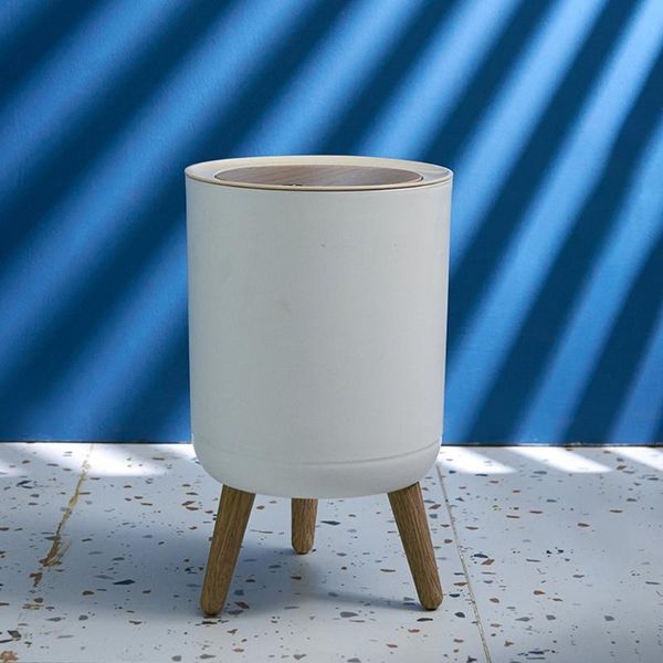 

waste bins wooden trash can with lid press garbage rubbish bin high foot container organizer bathroom kitchen decoration