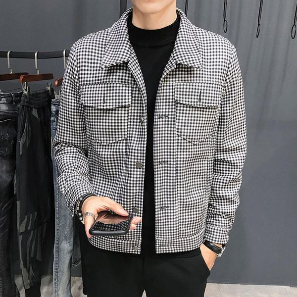 

men's jackets men 2021 spring autumn fashion slim plaid long sleeve lapel coats ladies pockets short casual overcoats o114, Black;brown