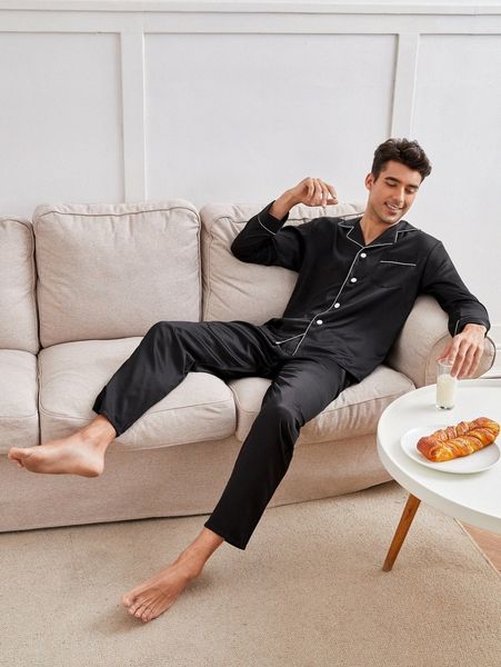 

men pocket front contrast piping satin pj set j7cw#, Black;brown