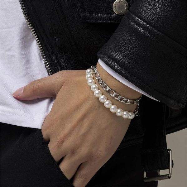 

link, chain 2 packs of simple trendy style exquisite men's pearl bracelets creative splicing jewelry gift, Black