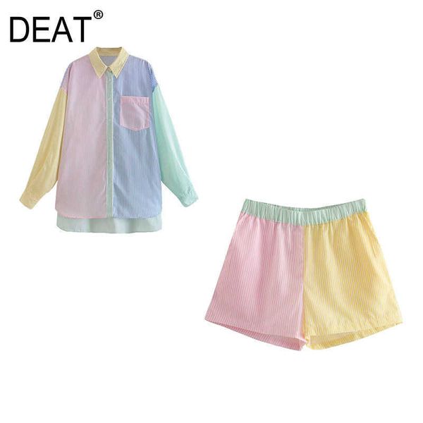 

[deat] summer fashion long sleeve turn-down collar splicing shirt elastic waist shorts women two-piece suit 13q573 210527, White