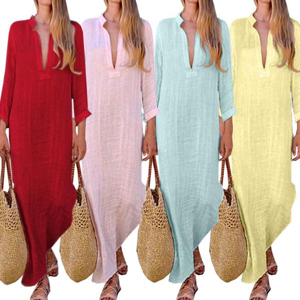 

casual dresses long linen cotton dress deep v neck sukienka plunging neckline side slit loose irregular hem women robe femme 2021, Black;gray
