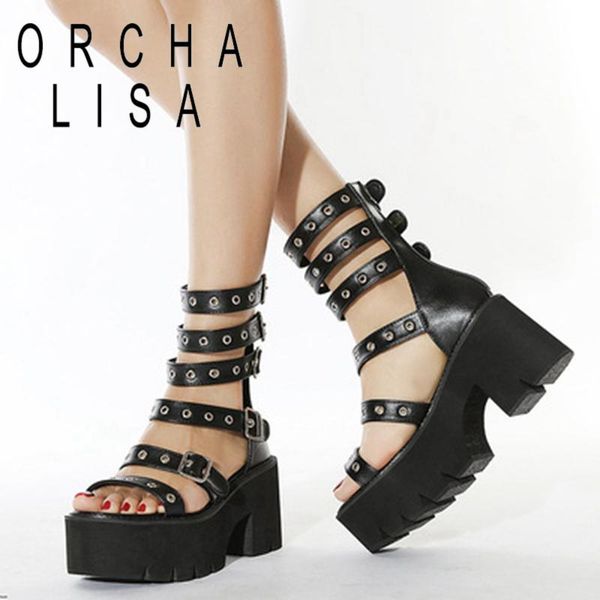 

sandals orcha lisa women 2021 open toe 8cm block heels thick bottom platform punk cool stylish big size 35-42 party a3648, Black
