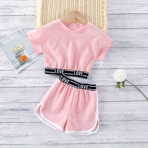 

summer 2021 ew dress children's new girls' foreign style letter short t-shirt + shorts two piece set tz243, White