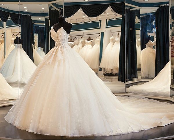 

new champagne 2021 luxury beading sequins shiny long train v-neck bridal wedding gown vestidos de noiva lzb7, White