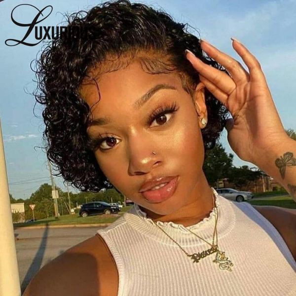 

150% pixie cut wig human hair short pixie curly wigs for women brazilian remy hair closure wig 360 lace frontal glueless, Black;brown