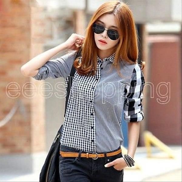 

womens clothing women lady vintage long sleeve casual graids jean denim shirt cap sleeve blouse drop shipping, White