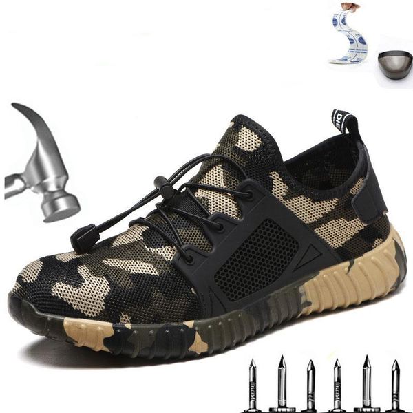 

boots men's camouflage steel head protection anti-smashing work anti-puncture safety shoes summer breathable outdoor sports shoe, Black