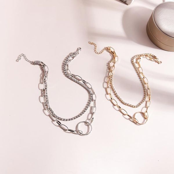 

chokers trendy multi-layer chains necklaces for women simple style crystal necklace gold silver color collier female jewelry, Golden;silver