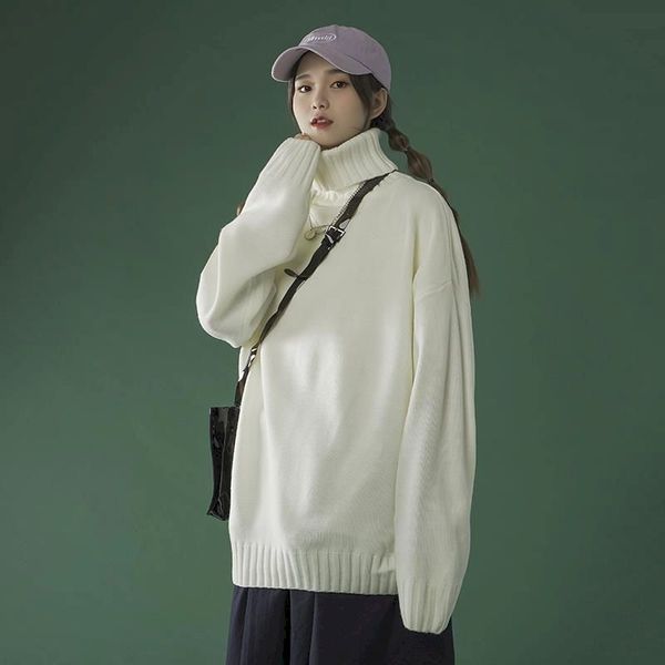 

autumn winter streetwear solid color women knitted sweaters 2021 oversize fashion turtlen long sleeve loose y2k female sweater, Black
