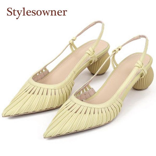 

new closed toe light yellow green beige sandals female summer hollow pointed-toe thick-round-heels gentle elegant dress sandals, Black