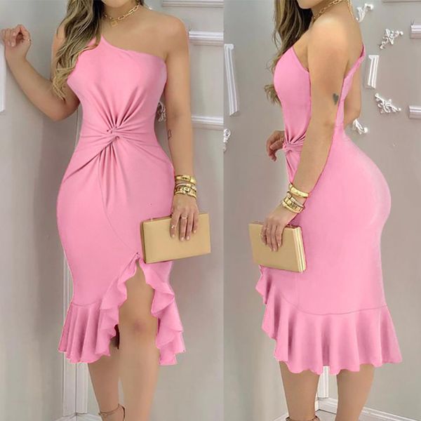 

2021 women summer pencil dress new solid one shoulder sleeveless irregular tangle up ruffle bodycon wrap hips party midi dresses ec5o, Black;gray