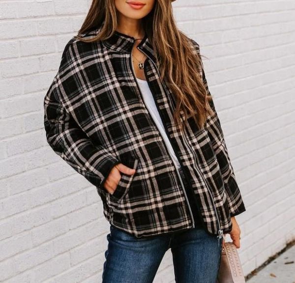 

women's jackets motorcycle jacket plaid zipper autumn winter 2021, Black;brown