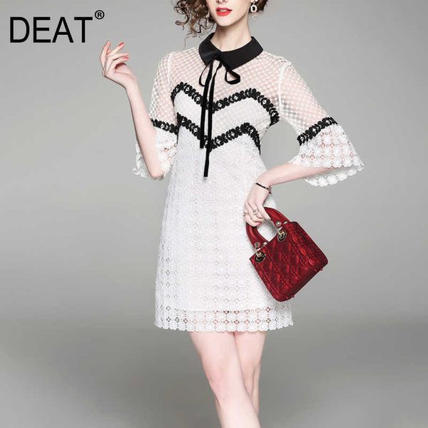 

[deat] summer fashion stand-up collar high waist flare sleeve splicing net yarn mini dress women 13d018 210527, Black;gray