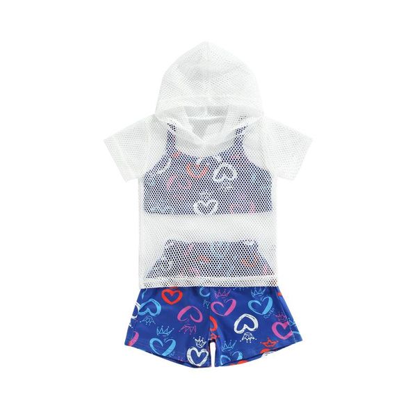 

clothing sets 2021 1-6y sport kids baby girl set blue hearts print vest crop mesh hooded short sleeve t-shirt+shorts summer 3pcs, White