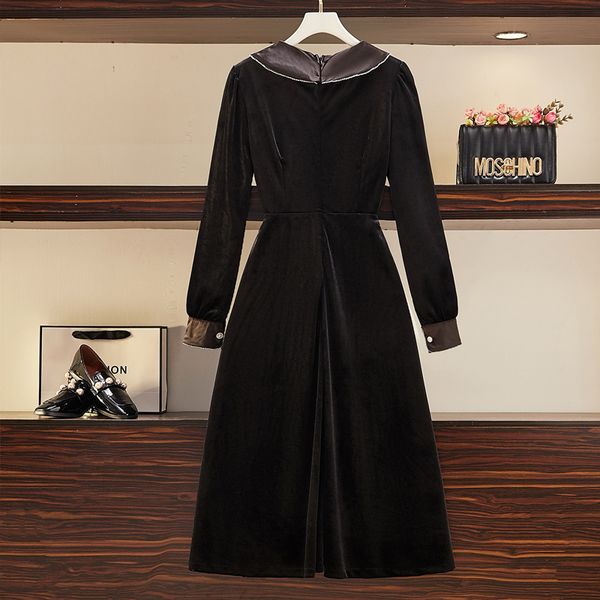 

Feminine Plus Size L-4xl Fashion New Sweet Party Dress Black Velvet Long Sleeve Peter Pan Collar the Midi Line Dresses Umha, Black;gray