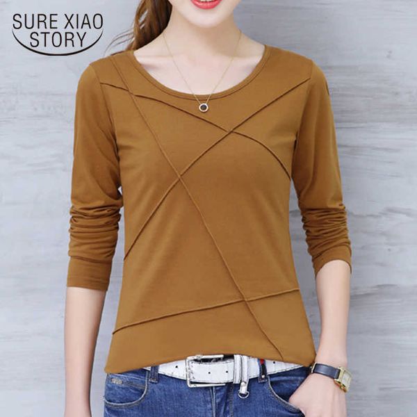 

plus size long sleeve shirt women autumn cotton o-neck slim t-shirt casual slim solid korean office lady clothes 10713 210528, White