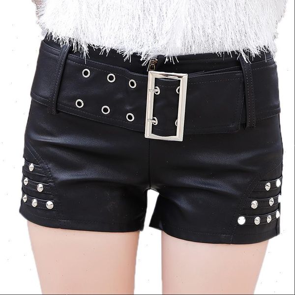 

korean clothes with belt rivet booty shorts 2021 women autumn winter fashion pu leather short feminino black b9n315, White;black