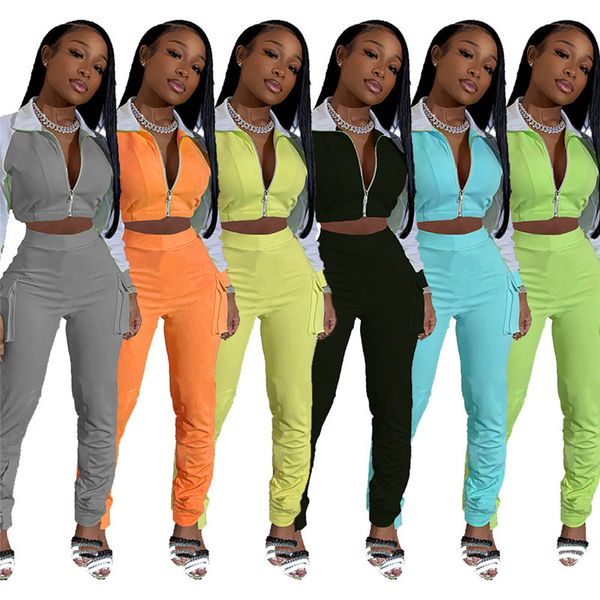 

2021 new women 2 piece zipper patchwork color pocket cargo pants overalls outfit jogger matching set wholesale dropshpping j0ro, Gray