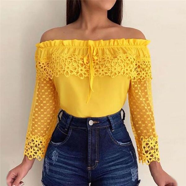 

fashion elegant women shirt crochet slim lace patchwork embroidery nine quarter sleeve office yellow blouse, White