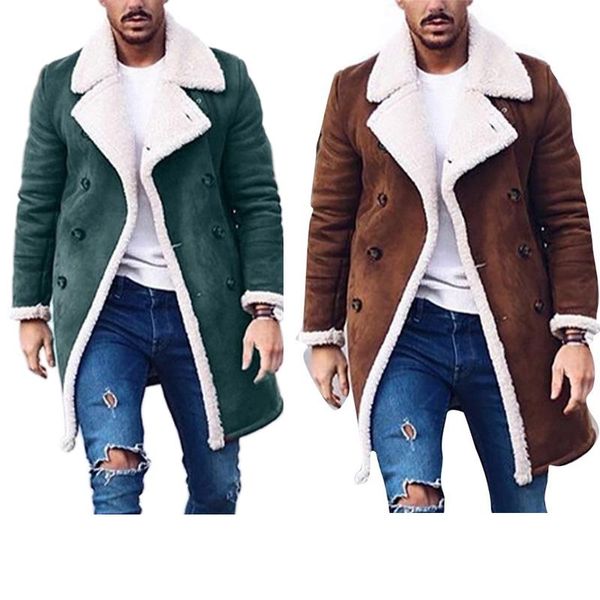

men's wool & blends winter polar fleece composite imitation suede warm jacket and coats camel color trench long coat men menteau d&#039, Black
