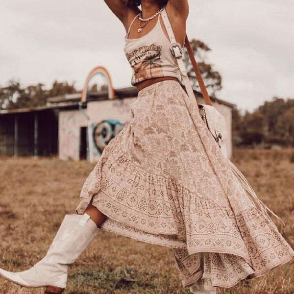 

women's swimwear 2021 vintage chic women yellow bohemian floral printed long a-line skirt high elastic waist cotton maxi skirts femme a, White;black