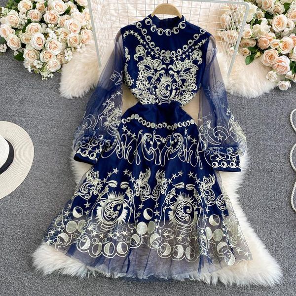 

casual dresses 2021 autumn women's mesh tulle a-line dress elegant temperament stand collar long sleeve embroidery knee length designer, Black;gray